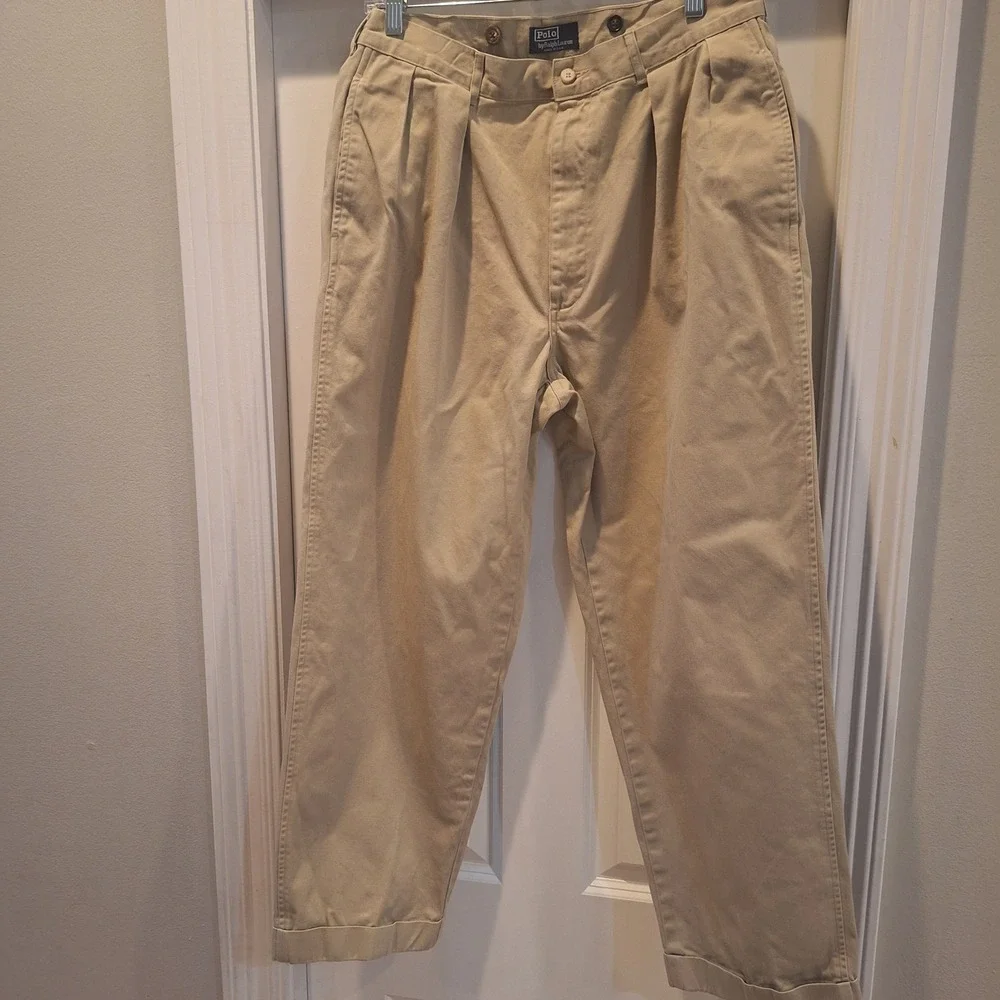 Vtg Polo Ralph Lauren Chino Pants Sz 34x36(32×27) Pleated Cuffed USA Made Preppy